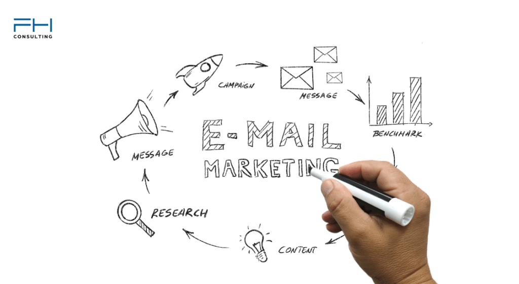 Grafik zur modernen E-Mail Marketing 2025 Strategie mit Fokus auf Kampagnen, Content und Automatisierung.