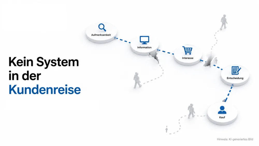 Kein System in der Kundenreise: unterbrochene Customer Journey mit Aufmerksamkeit, Information, Interesse, Entscheidung und Kauf