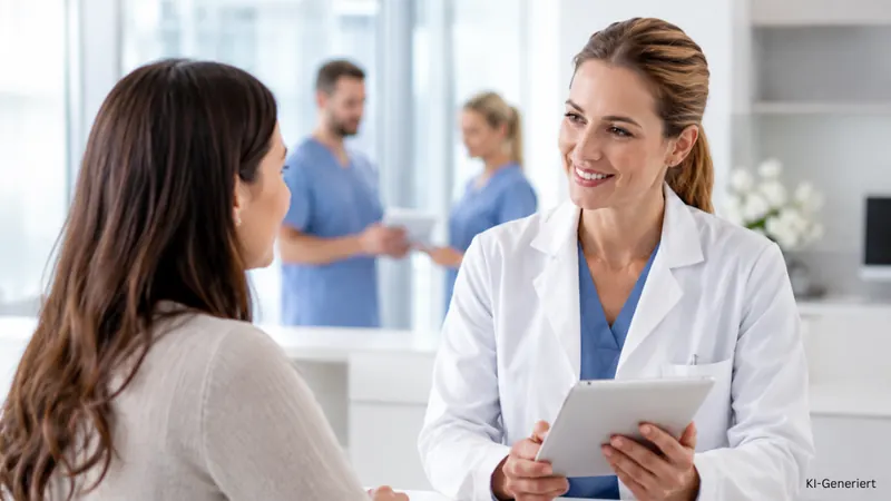 Ärztin im Patientengespräch in einer modernen Praxis oder Klinik zur Optimierung der Patientenreise