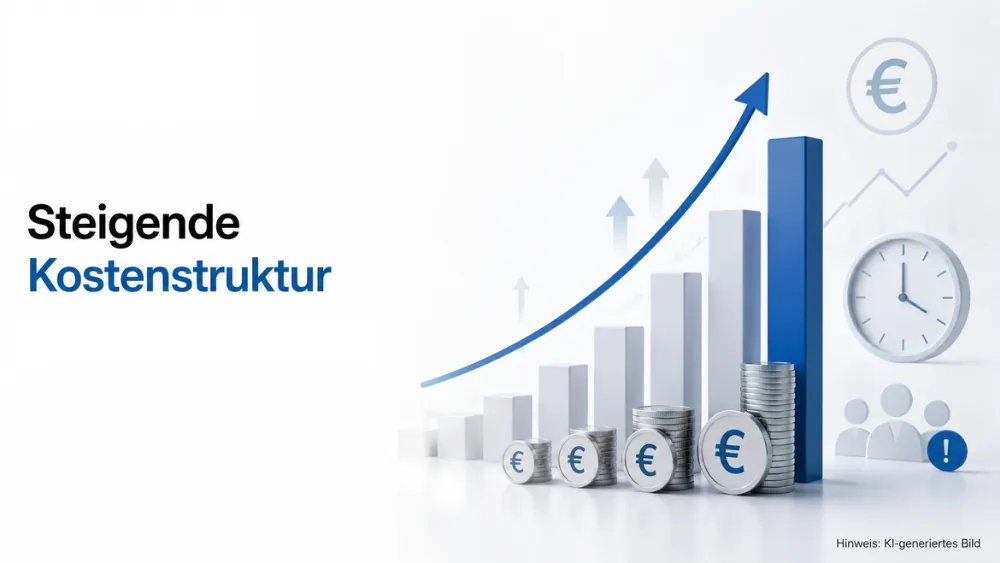 Steigende Kostenstruktur: wachsende Kostenkurve mit Euro-Symbolen, Zeitaufwand und Team-Ressourcen