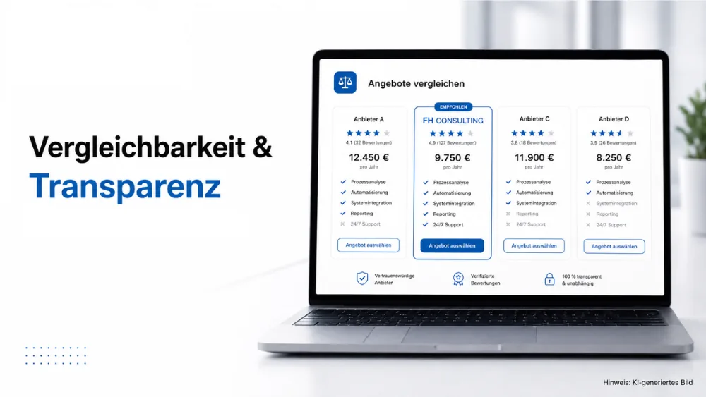 Vergleichbarkeit und Transparenz: Laptop mit Angebotsvergleich und FH Consulting als empfohlener Anbieter